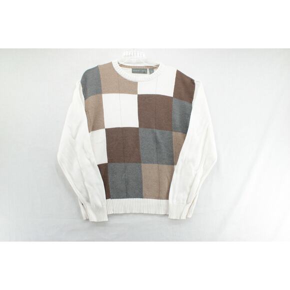 Oscar De La Renta Sweater Men's XL Beige Gray Brown Patchwork Check Preppy - Picture 1 of 7